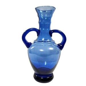 Vintage Cobalt Blue Hand Blown Vase Glass Applied Handles Made In Spain